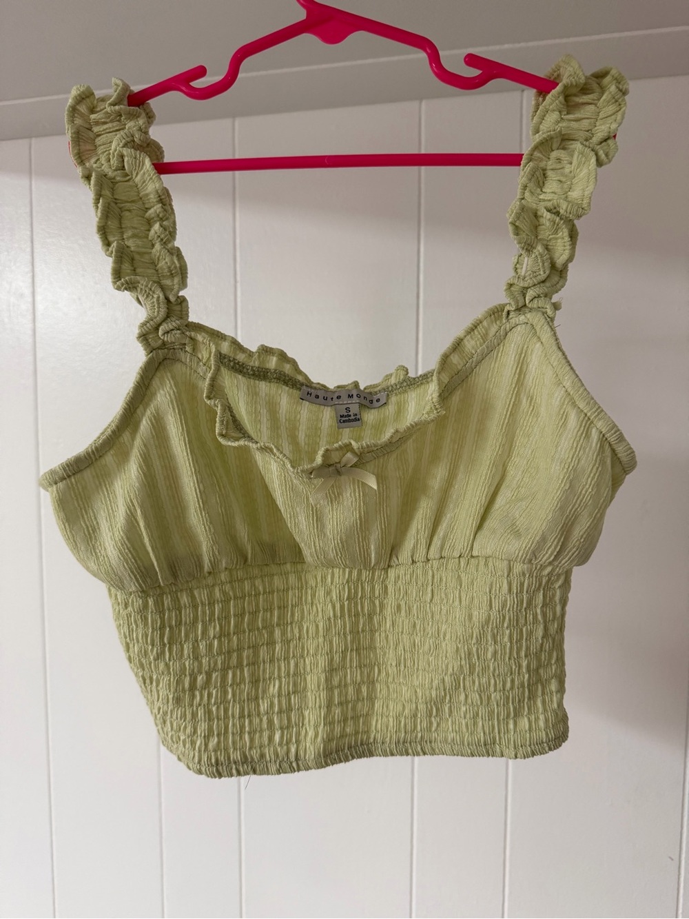 Haute Monde Light Lime Smocked Crop Tank with Ruffle Straps